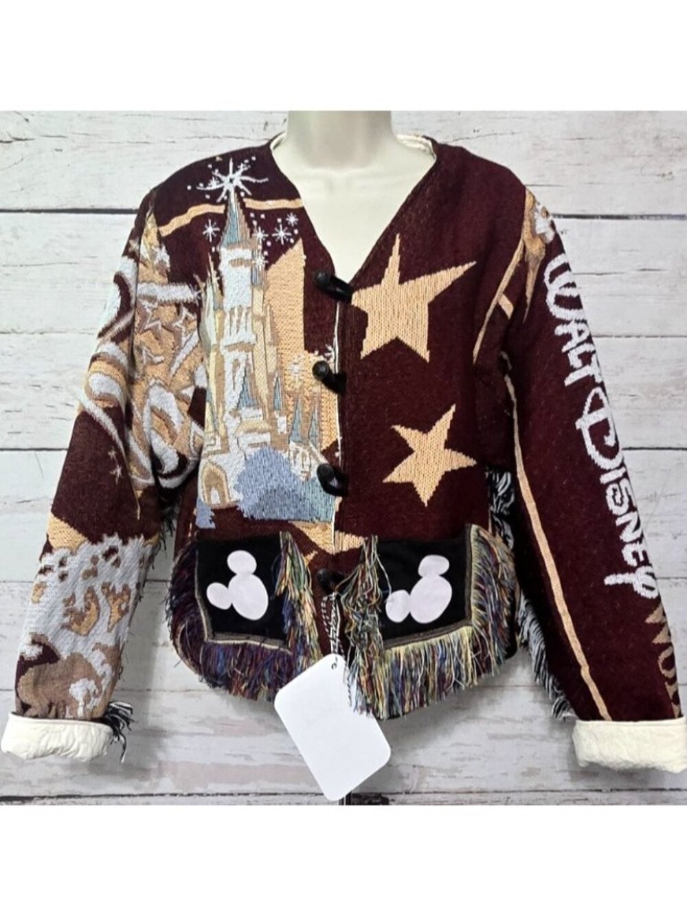 OOAK Handmade Upcycled Mickey Mouse Tapestry Jacket Quilt Lined Fringe Women's L